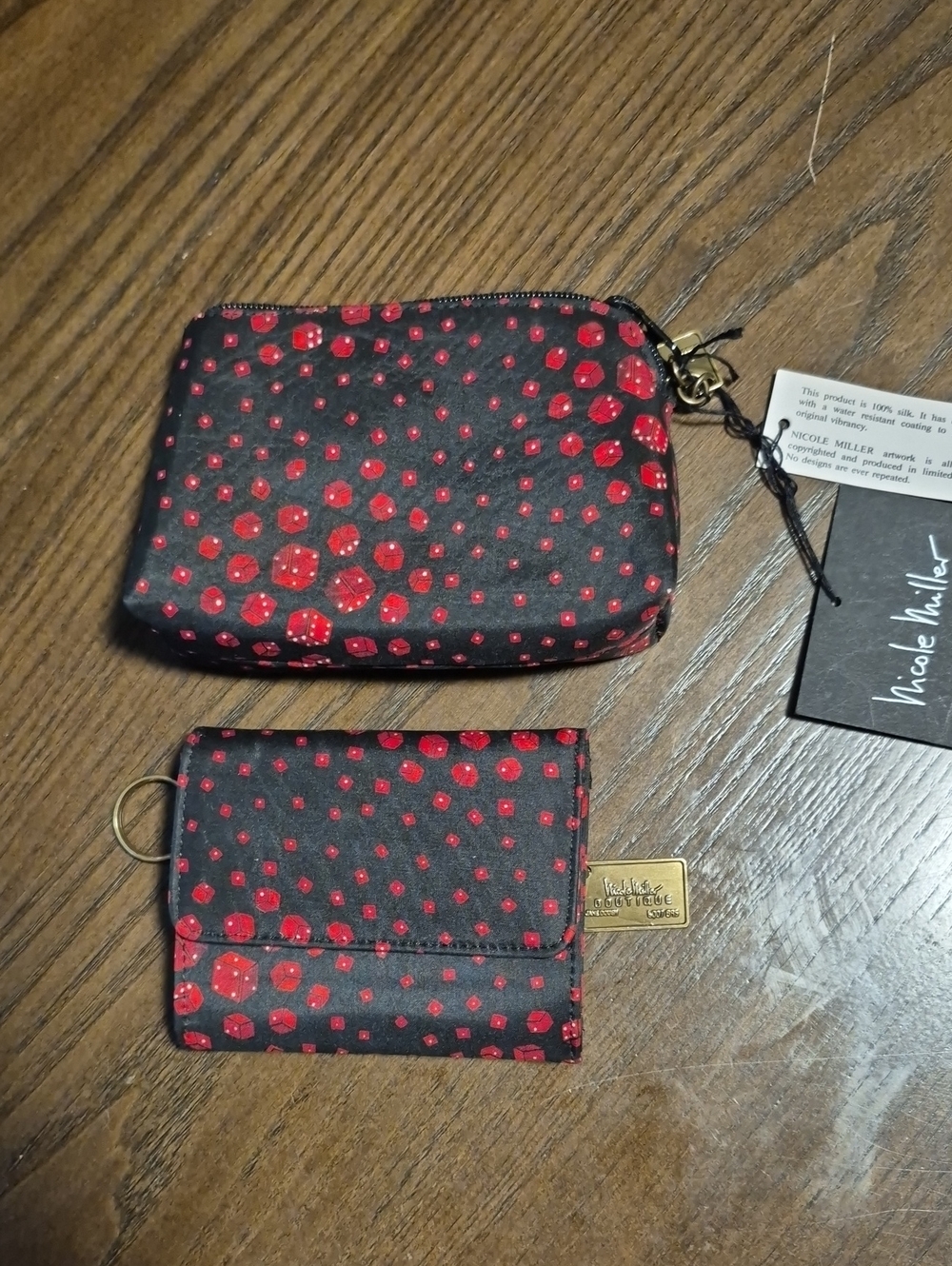 Nicole Miller Black Wallet and Coin Pouch with Red Dice Pattern
